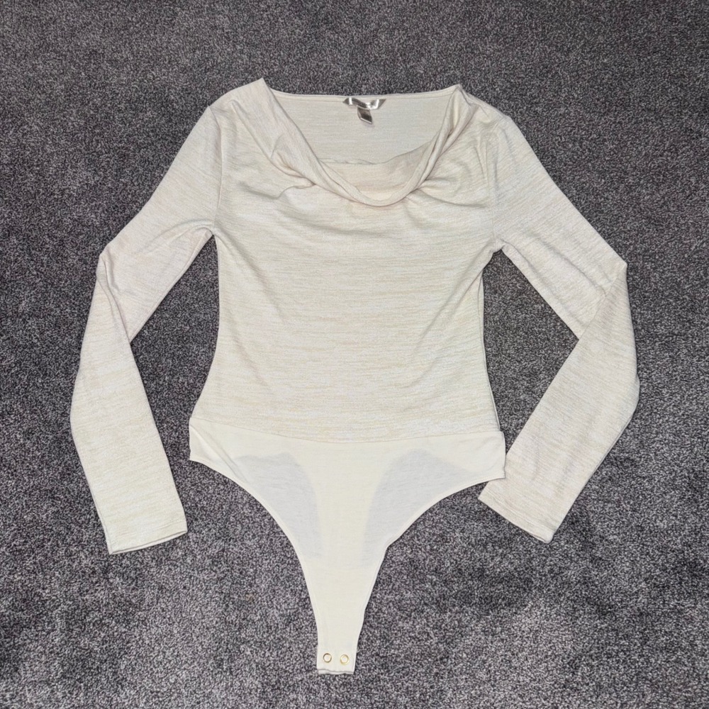 Banana Republic LuxeSpun Women's Cream Long Sleeve Bodysuit Cowl Neck Size Small